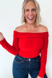 Fiery Red Foldover Off Shoulder Long Sleeve Slim Top
