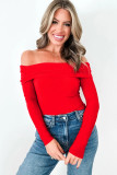 Fiery Red Foldover Off Shoulder Long Sleeve Slim Top