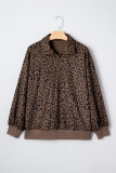 Brown Leopard Print Quarter Zip Corduroy Sweatshirt