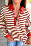 Racing Red Striped Print Contrast Collar Zip V Neck Long Sleeve Top