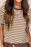 Brown Stripe Short Puff Sleeve Contrast Trim Round Neck Tee