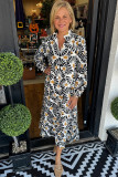 Black Abstract Floral Print Split V Neck Long Dress with Sleeves