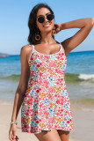 Red Floral Print Ricrac Trim Spaghetti Strap One Piece Swim Dress