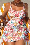 Red Floral Print Ricrac Trim Spaghetti Strap One Piece Swim Dress