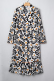 Black Abstract Floral Print Split V Neck Long Dress with Sleeves