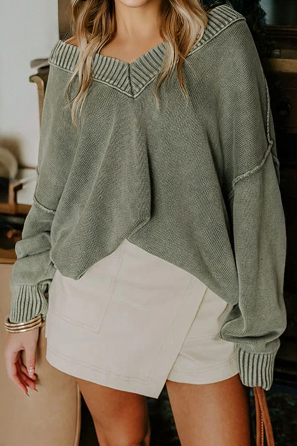 Four Leaf Clover Mineral Wash V Neck Knit Exposed Seam Drop Shoulder Loose Sweater