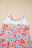 Red Floral Print Ricrac Trim Spaghetti Strap One Piece Swim Dress