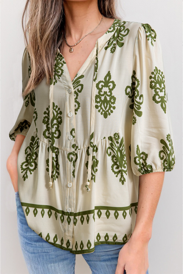 Apricot Floral Print Tie V Neck Button Down Puffy Half Sleeve Shirt