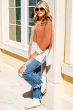 Chestnut Color Block Knit V Neck Loose Sweater
