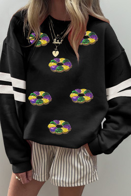 Black Mardi Gras Donuts Sequin Patched Varsity Sweatshirt