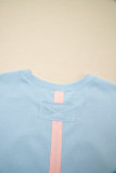 Beau Blue Big Flower Patch Drop Shoulder Striped Long Sleeve Top