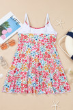 Red Floral Print Ricrac Trim Spaghetti Strap One Piece Swim Dress