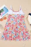 Red Floral Print Ricrac Trim Spaghetti Strap One Piece Swim Dress