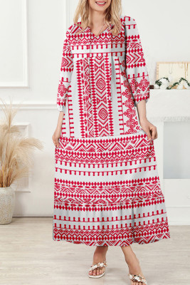 Red Boho Printed Half Sleeve Maxi Dress
