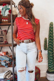 Red Stripe Ribbed Round Neck Trim Loose Tank Top