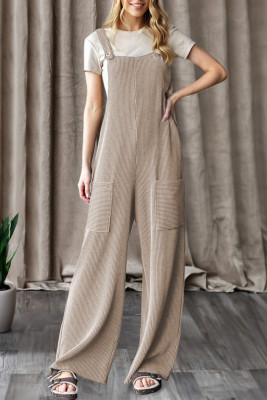 Parchment Ribbed Knit Patched Pocket Wide Leg Overalls