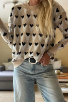 Parchment Geometric Heart Print Ribbed Trim Loose Sweater