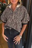 Brown Leopard Print Half Zip Striped Trim Patchwork Short Sleeve Top