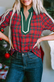 Red Plaid Print Contrast Trim V Neck Short Sleeve Blouse