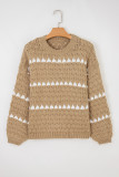 Pale Khaki Contrast Detail Textured Knit Puff Sleeve Baggy Sweater
