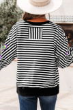 Black Stripe Raw Seam Detail Sequin Mardi Gras Heart Patched Graphic Long Sleeve Top