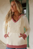White Contrast Trim Crochet Knit Patchwork Exposed Seam Hoodie