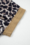 Brown Leopard Print Color Block Patchwork 3/4 Sleeve Loose Top