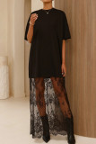 Black Floral Patchwork Short Sleeve T Shirt Loose Maxi Dress