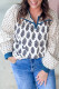 White Plus Size Boho Floral Print Contrast Trim Split Neck Puff Sleeve Patchwork Blouse