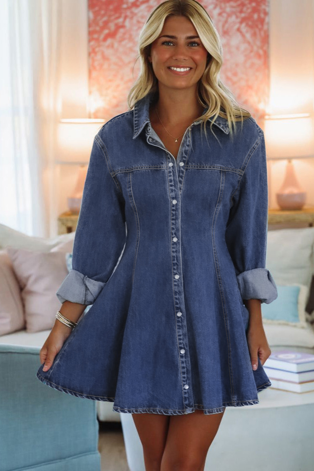 US$ 35.61 - Ashleigh Blue Denim Shirt Collar Long Sleeve Flared