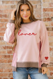 Light Pink Waffle Color Block Patchwork lovers Embroidered Letter Graphic Sweatshirt