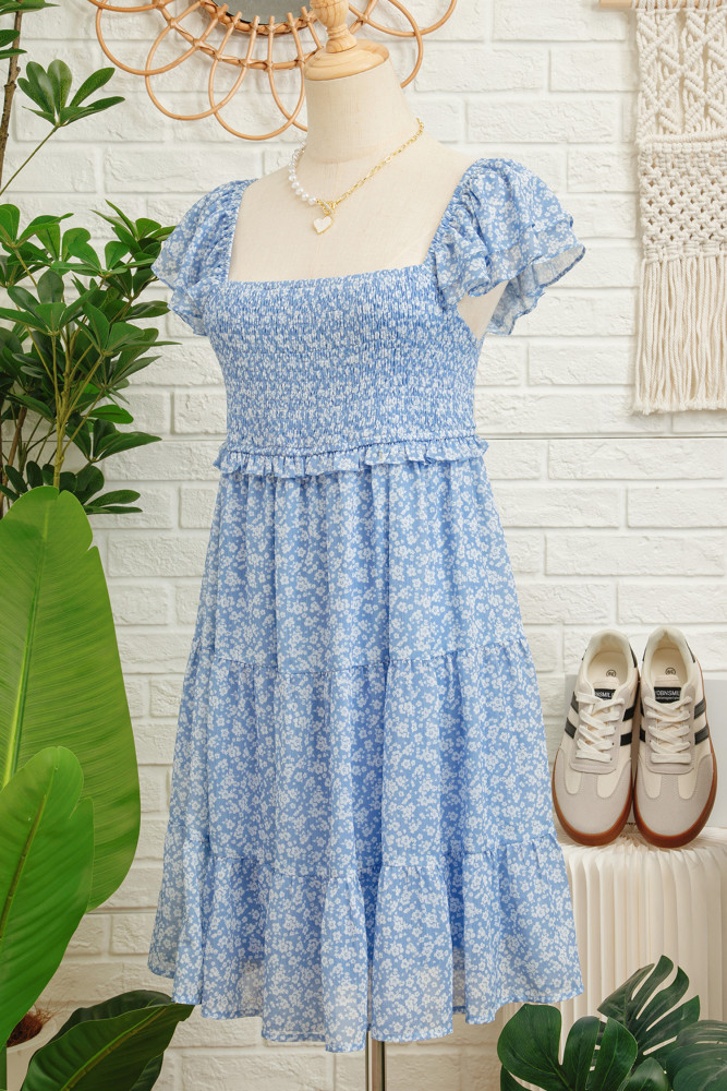 pale blue short sleeve dress Drape Shoulder Cut Out Mini In Baby Slinky | EGO US and some gold jewelry pieces! US$ 30.30 - Sky Blue