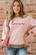 Light Pink Waffle Color Block Patchwork lovers Embroidered Letter Graphic Sweatshirt