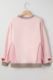 Light Pink Waffle Color Block Patchwork lovers Embroidered Letter Graphic Sweatshirt