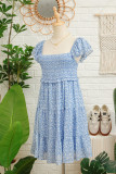 Sky Blue Floral Print Square Neck Flutter Sleeve Smocked Tiered Mini Dress