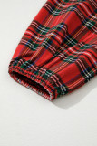 Red Plaid Print Ricrac Tiered Bubble Sleeve Mini Dress
