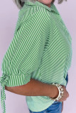Mint Green Striped Print Collared Split Neck Half Sleeve Blouse