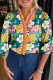 Green Floral Print Contrast Trim Frilled V Neck 3/4 Sleeve Blouse