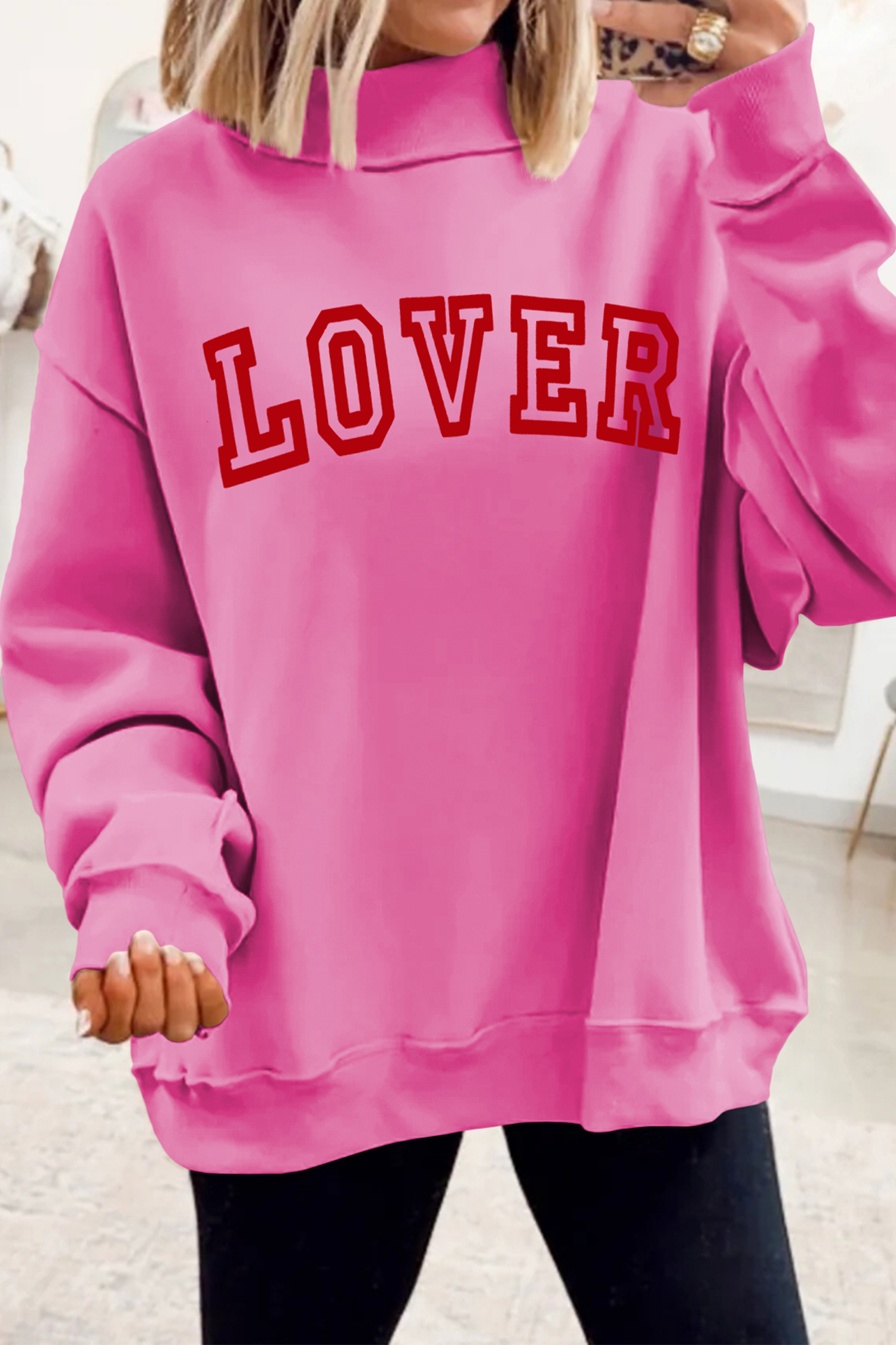 US$ 23.43 - Bright Pink LOVER Heart Script Reversible Print Mock