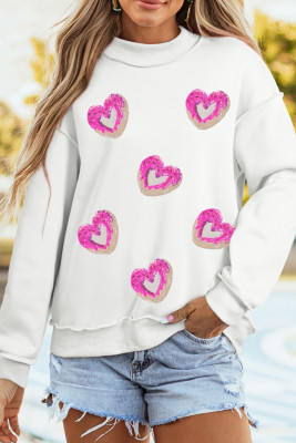 White Reversible Double Wear Sequin Donut Heart Graphic Mock Neck Sweatshirt