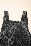 Gray Leopard Print Button Adjustable Straps Cropped Loose Denim Overalls