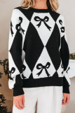 Black Bow Print 2-tone Rhombus Knit Loose Sweater