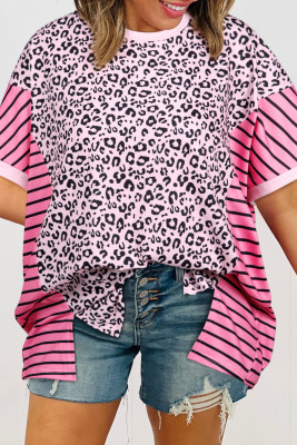 Pink Leopard Striped Patchwork Side Slit Loose Short Sleeve Top