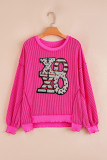 Strawberry Pink Twisted Ribbed Color Block Patchwork Sequin XOXO Letter Graphic Pullover Top