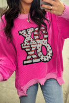 Strawberry Pink Twisted Ribbed Color Block Patchwork Sequin XOXO Letter Graphic Pullover Top