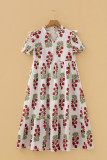 White Floral Print V Neck 3/4 Sleeve Loose Mini Dress