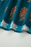 Green Plus Size Floral Print Contrast Lacy Trim Pleated Loose Shirt