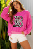 Strawberry Pink Twisted Ribbed Color Block Patchwork Sequin XOXO Letter Graphic Pullover Top