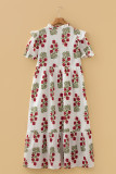 White Floral Print V Neck 3/4 Sleeve Loose Mini Dress