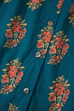 Green Plus Size Floral Print Contrast Lacy Trim Pleated Loose Shirt